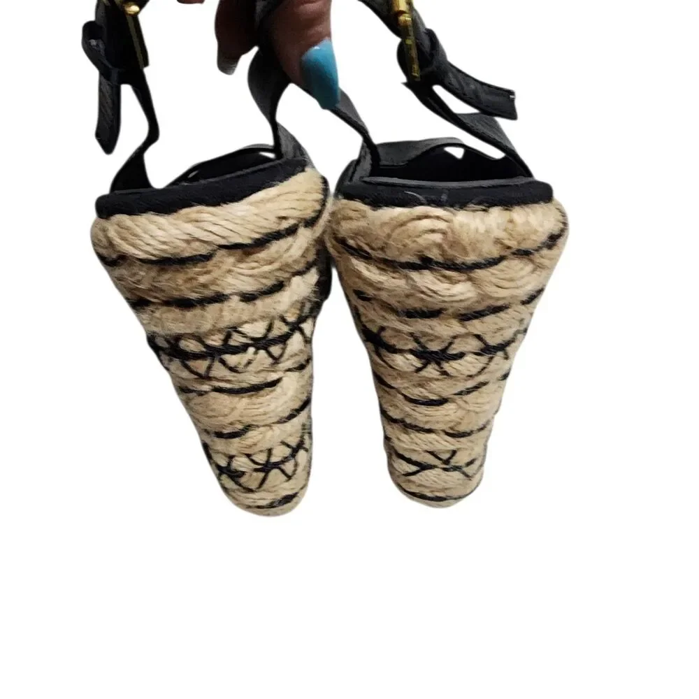 Lauren‎ Ralph Lauren Black Patent Espadrille Wedge Sandals Ankle Strap
